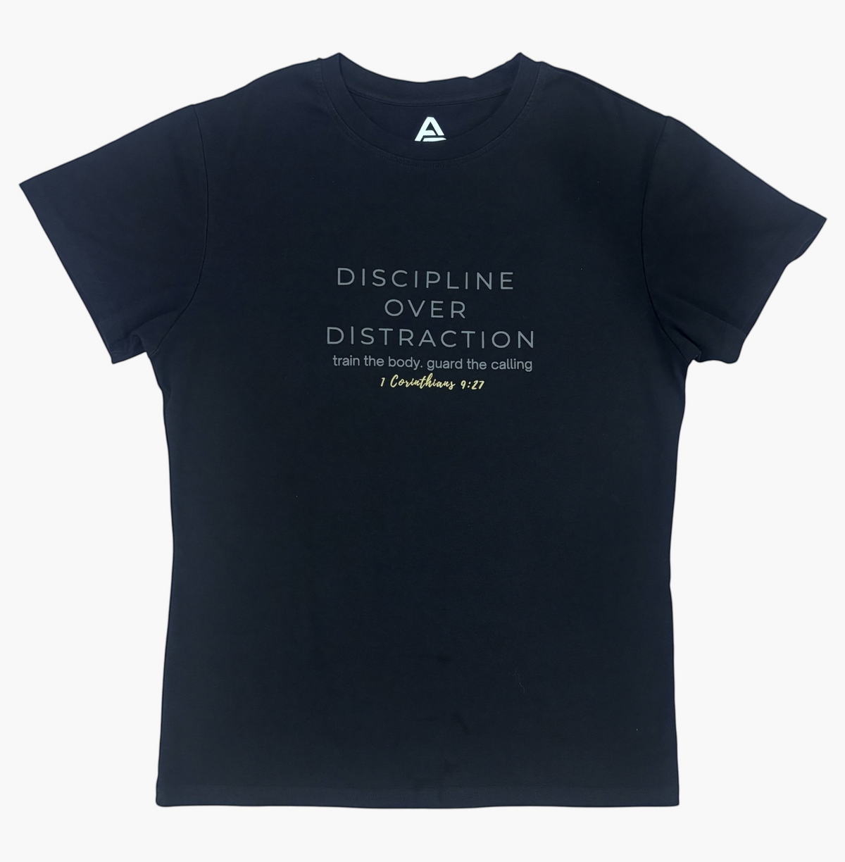 ADM Driven black premium cotton-spandex t-shirt featuring the Discipline Over Distraction graphic and Bible verse.