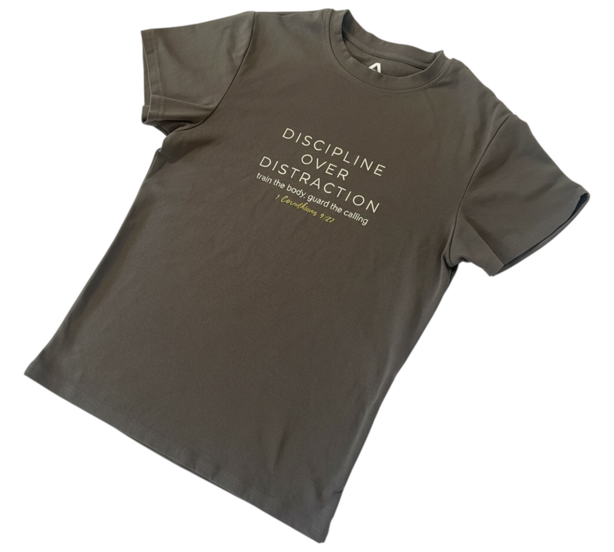 ADM Driven charcoal grey men's premium cotton-spandex t-shirt with DISCIPLINE OVER DISTRACTION graphic print