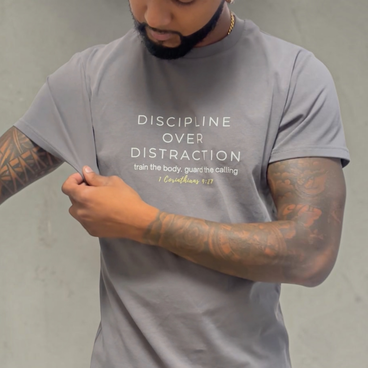 ADM Driven grey premium cotton-spandex t-shirt with Discipline Over Distraction graphic print on chest