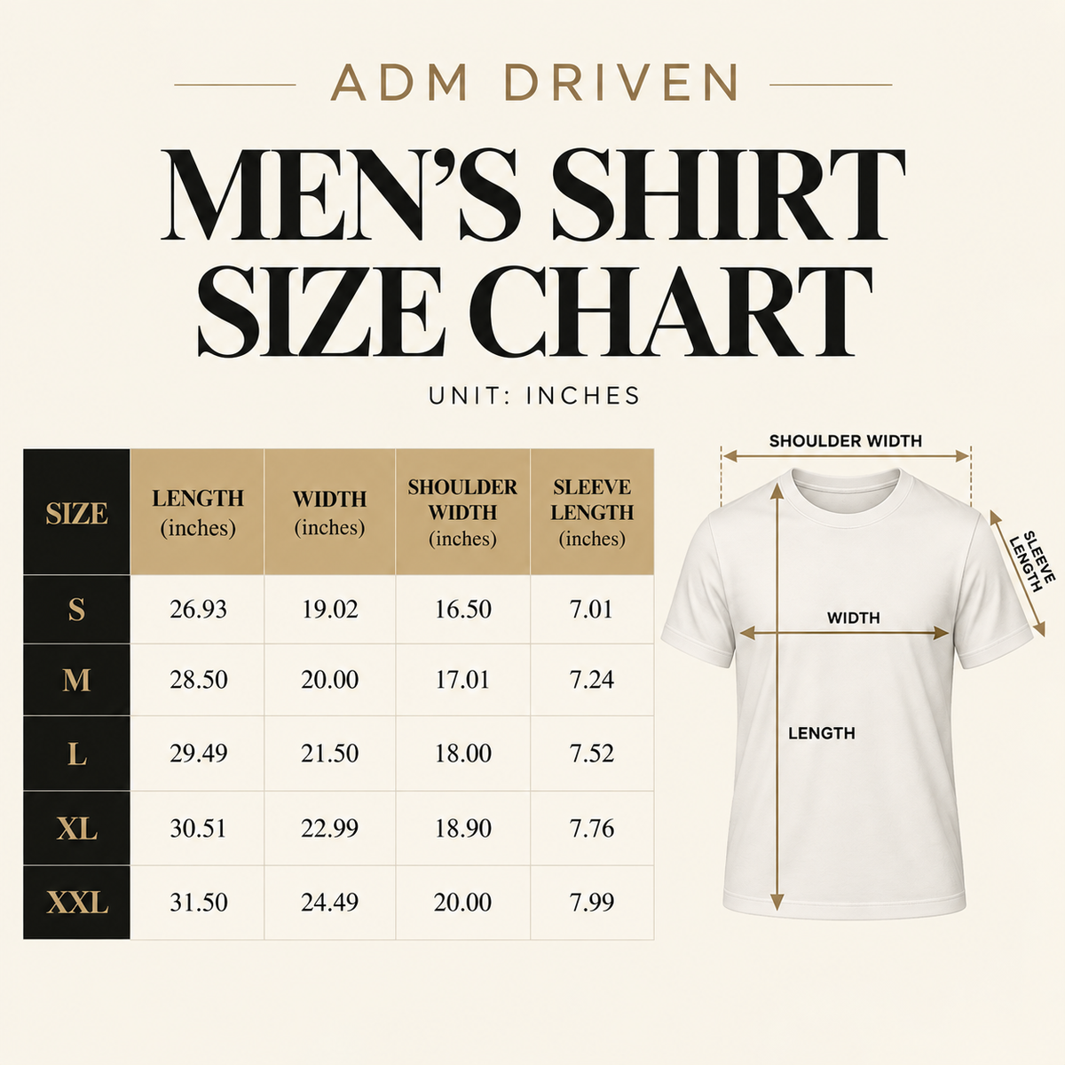 ADM Driven men's t-shirt size chart showing measurements for length, width, shoulder width, and sleeve length.