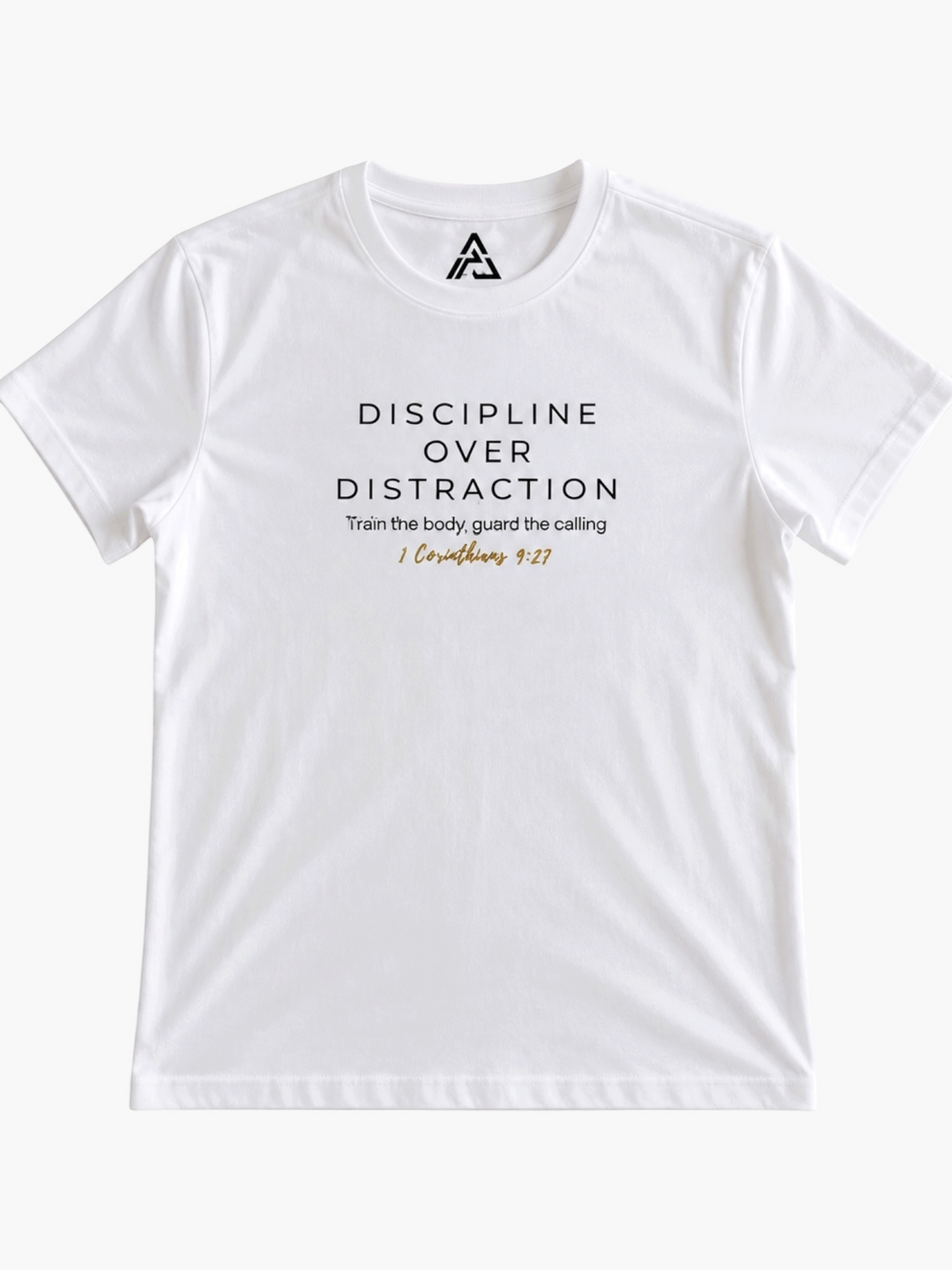 ADM Driven white cotton-spandex men's t-shirt with Discipline Over Distraction graphic print and Bible verse