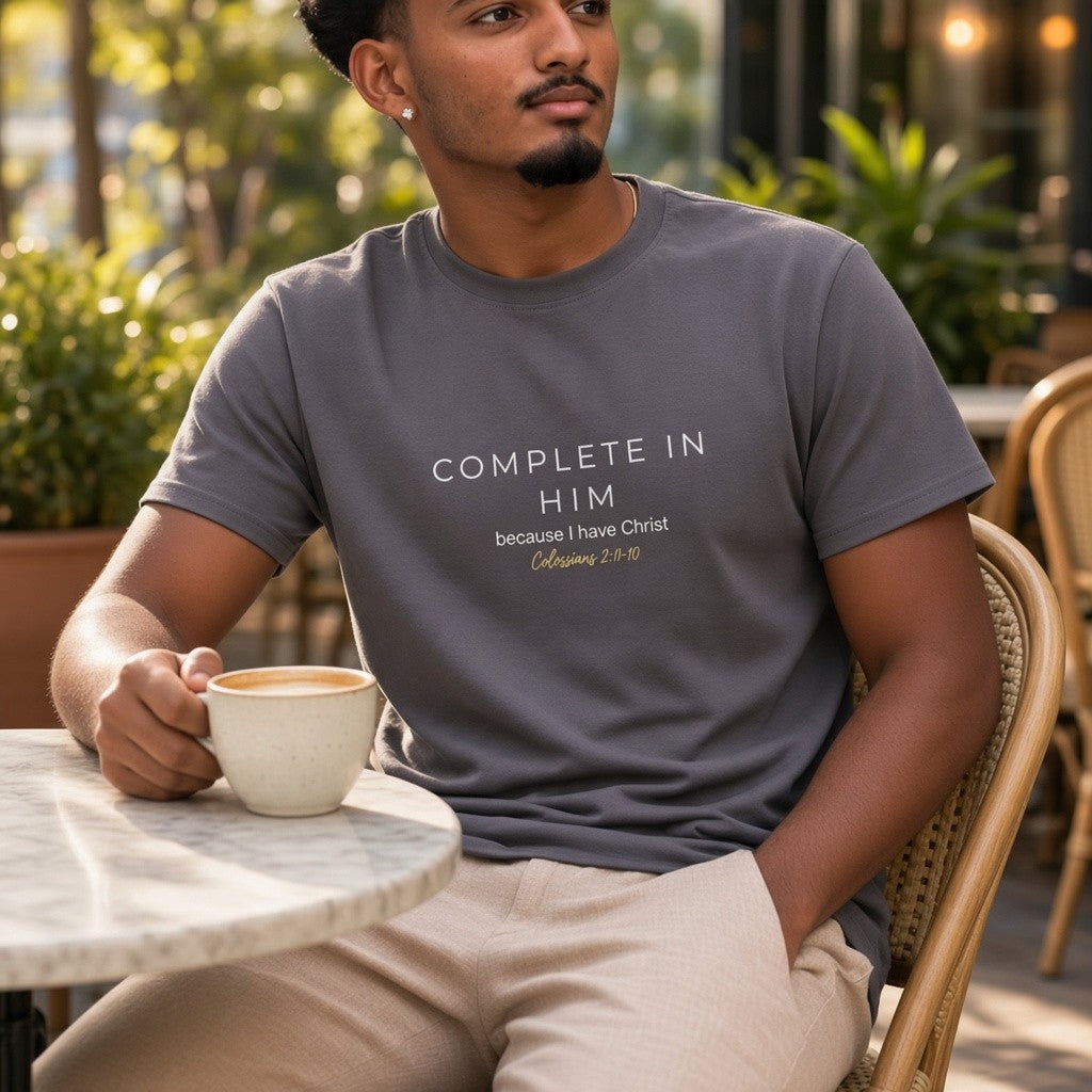 Man wearing the charcoal Complete In Him shirt by ADM Driven while enjoying coffee outdoors, featuring a message inspired by Colossians 2:10.